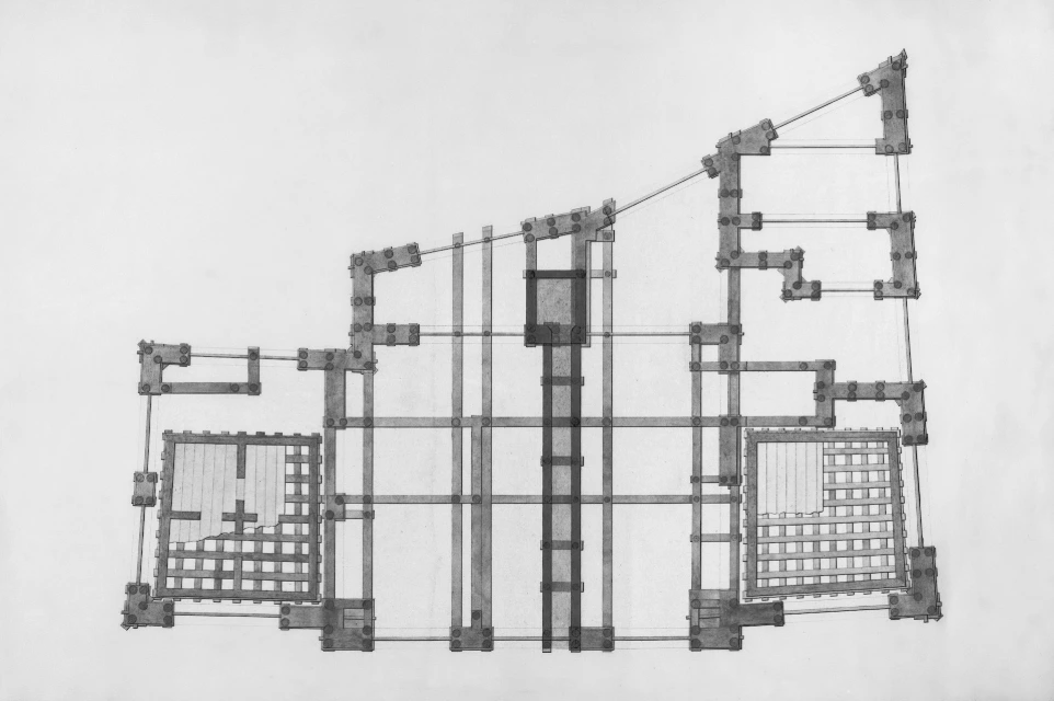 A black and white photo of a plan of a building